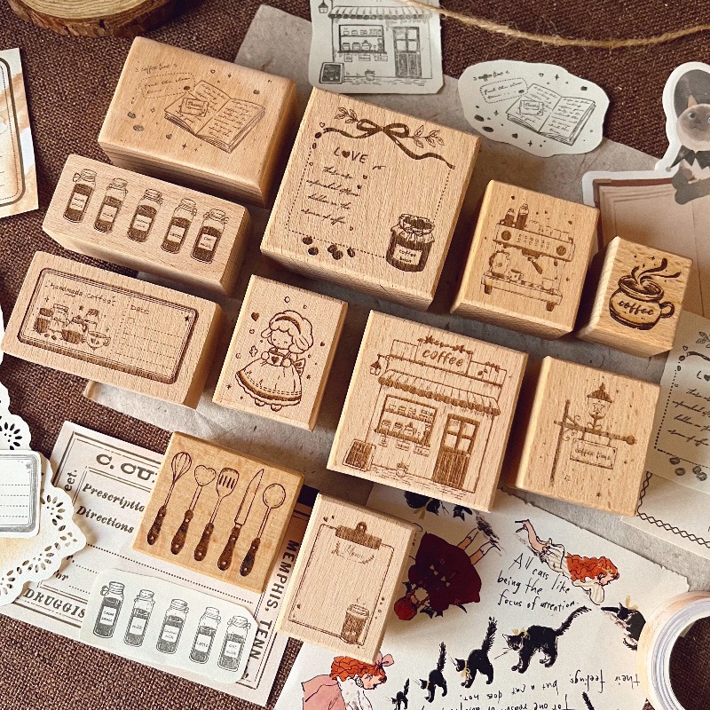 Vintage Collectible Stamps - Moonlight INS Vintage Coffee Theme Wooden